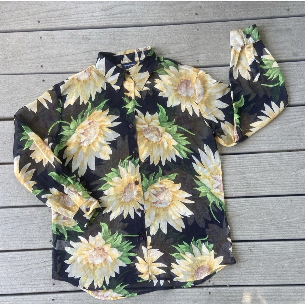Vintage 90s Streetwear Boho Womens Large Sheer Button Shirt Sunflower Floral